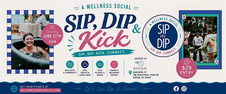 Event banner for "Sip, Dip & Kick" wellness social on June 27th, with images of people swimming and relaxing.