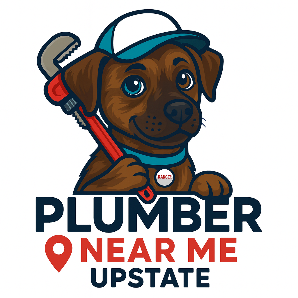 Cartoon dog in a cap holding a wrench, with text: Plumber Near Me Upstate.