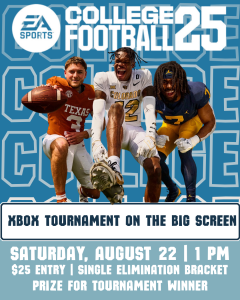Three football players pose excitedly; event details and logos promote a College Football 25 Xbox tournament.