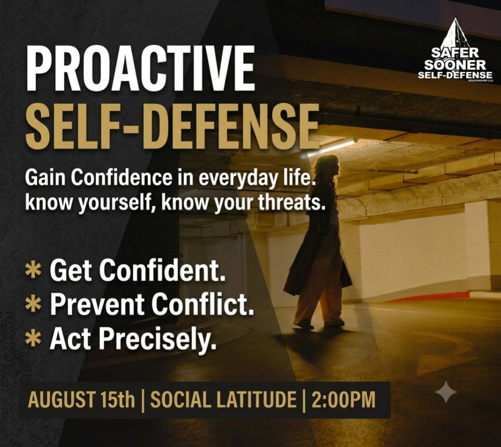 A person walks in a dimly lit parking garage; text promotes a proactive self-defense event on August 15th, 2pm.