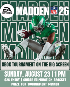 Football player in green uniform on Madden NFL 26 Xbox tournament flyer, event details below.