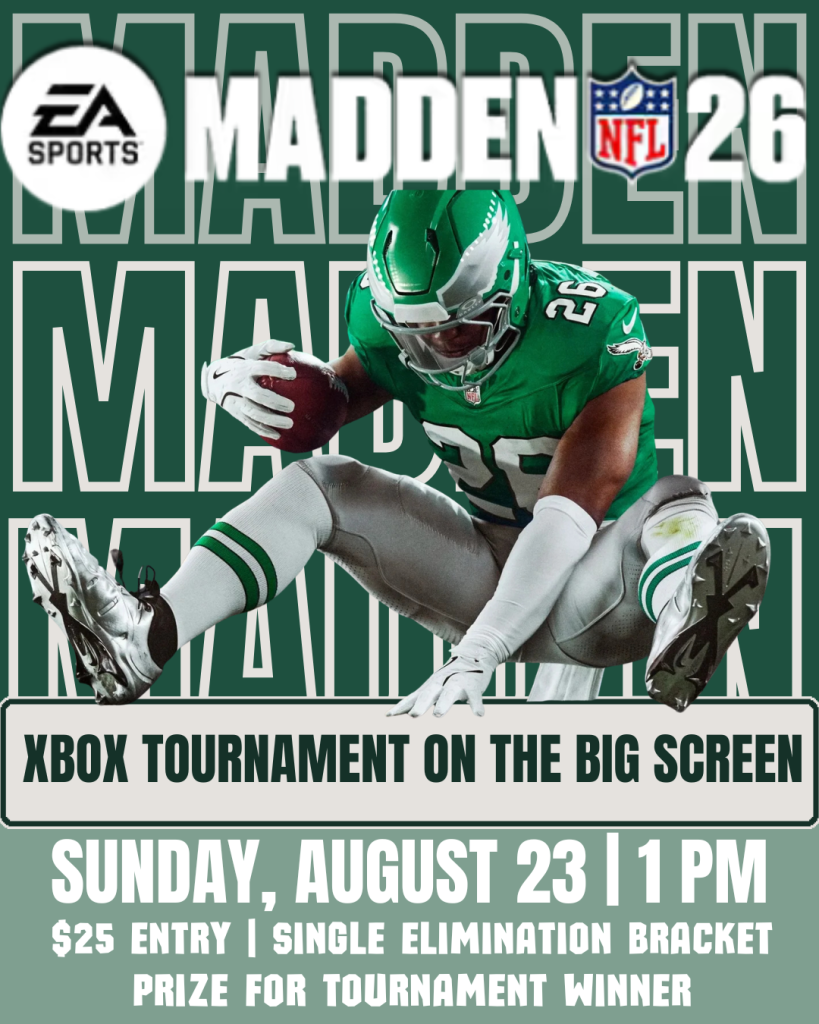 Football player in green uniform on Madden NFL 26 Xbox tournament flyer, event details below.