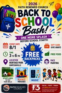 Colorful flyer for a church back-to-school event with free backpacks, games, food, music, and event details.