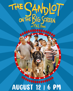 Group of kids and a dog in front of “The Sandlot” movie event details with blue and red background design.