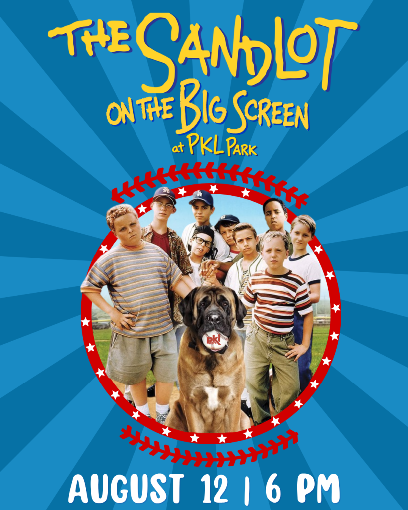 Group of kids and a dog in front of “The Sandlot” movie event details with blue and red background design.