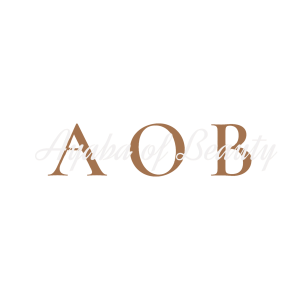 The letters "AOB" in brown serif font on a light background, with faint script behind them.