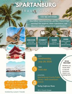 Travel club event flyer with tropical palm trees, famous landmarks, and event details for a meeting on July 29, 2026.