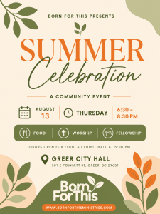 A flyer for a summer celebration event at Greer City Hall on August 13 with food, worship, and fellowship.