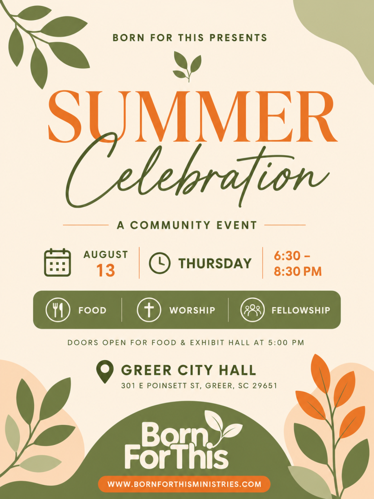 A flyer for a summer celebration event at Greer City Hall on August 13 with food, worship, and fellowship.