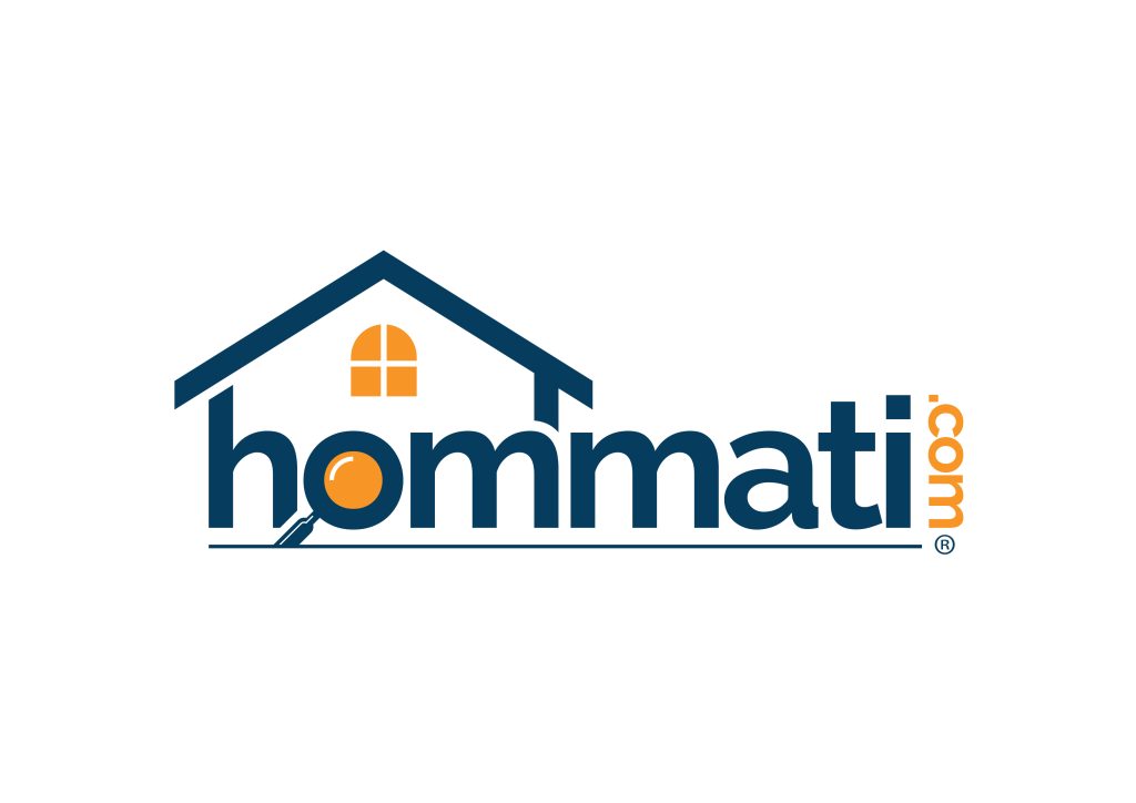 Logo with a blue house outline, "hom" in blue, "mati.com" in orange, and a magnifying glass underlining.