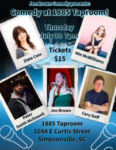 Comedy show poster with 5 comedians' photos, event details, and a blue background with microphone graphics.