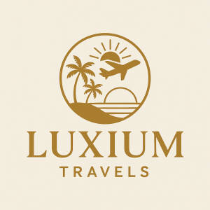 Gold logo with palm trees, a plane, sun, and waves above the words "LUXIUM TRAVELS" on a cream background.
