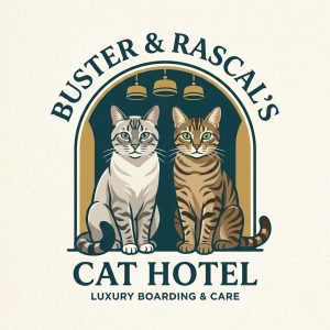 Two illustrated cats sit under lights with text: "Buster & Rascal's Cat Hotel Luxury Boarding & Care.