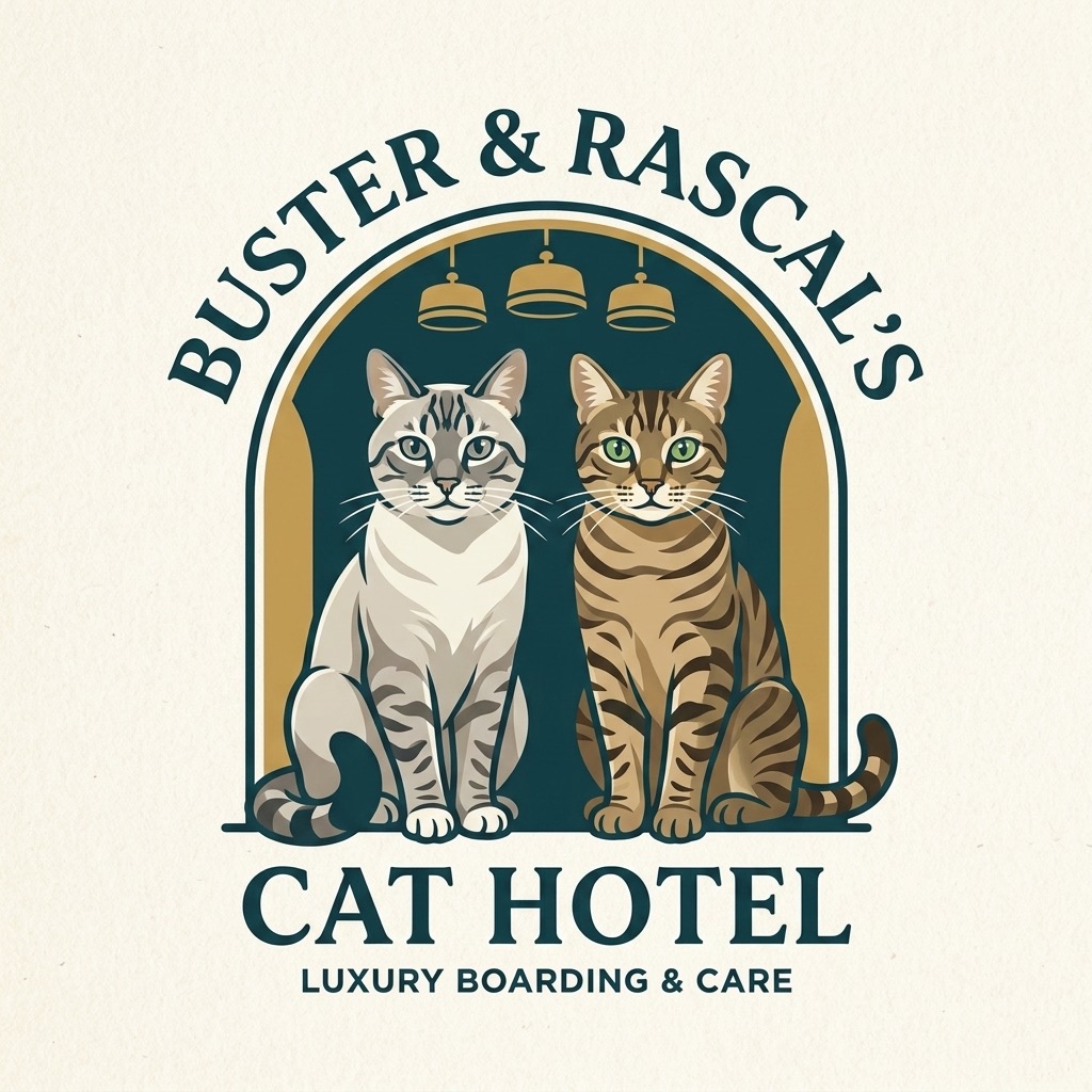 Two illustrated cats sit under lights with text: "Buster & Rascal's Cat Hotel Luxury Boarding & Care.