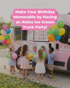 Children holding balloons gather by a colorful ice cream truck for a birthday party, confetti on the ground.