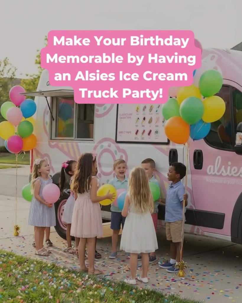 Children holding balloons gather by a colorful ice cream truck for a birthday party, confetti on the ground.