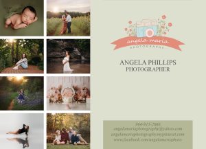 Photo collage of portraits, a cake, and flowers with Angela Maria Photography contact details on a beige background.