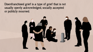 A group of people gather around a gravestone, illustrating a quote about disenfranchised grief.