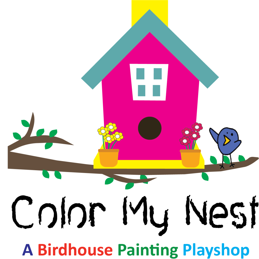 A bright birdhouse on a branch with flowers, a blue bird, and the text "Color My Nest" below.