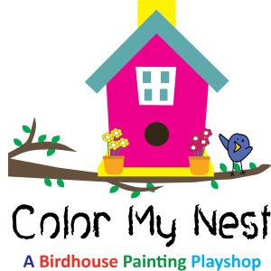 A bright birdhouse on a branch with flowers, a blue bird, and the text "Color My Nest" below.