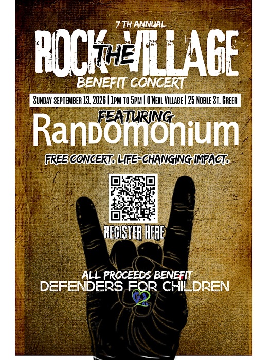 Rock the Village benefit concert poster featuring Randomonium, event details, and a QR code for registration.