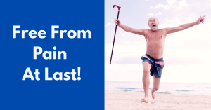 Elderly man joyfully jumping on a beach, holding a cane; text reads "Free From Pain At Last!.
