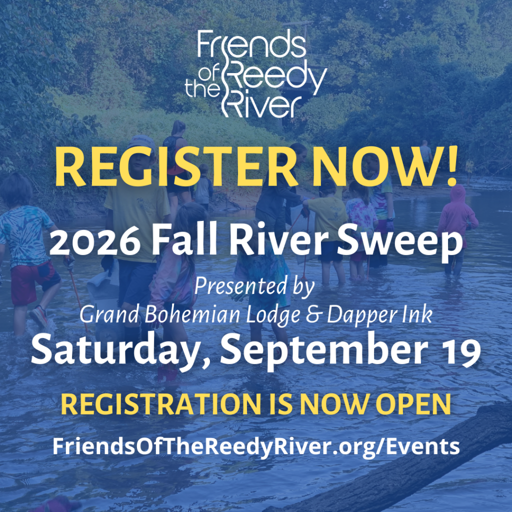 People stand in a river with text promoting Friends of the Reedy River’s 2026 Fall River Sweep event.