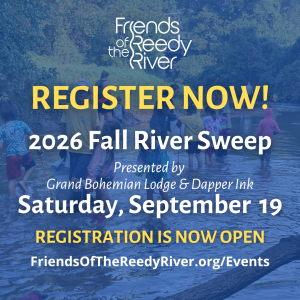 People stand in a river with text promoting Friends of the Reedy River’s 2026 Fall River Sweep event.