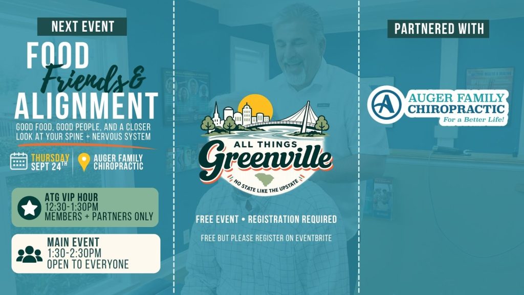 Event flyer for “Food, Friends & Alignment” in Greenville, partnered with Auger Family Chiropractic.