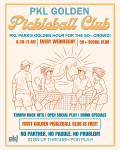 Four adults playing pickleball outdoors, text advertises a 50+ social club held every Wednesday morning.
