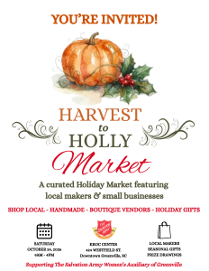 Invitation for Harvest to Holly Holiday Market with event details, festive pumpkin, and holiday decor.
