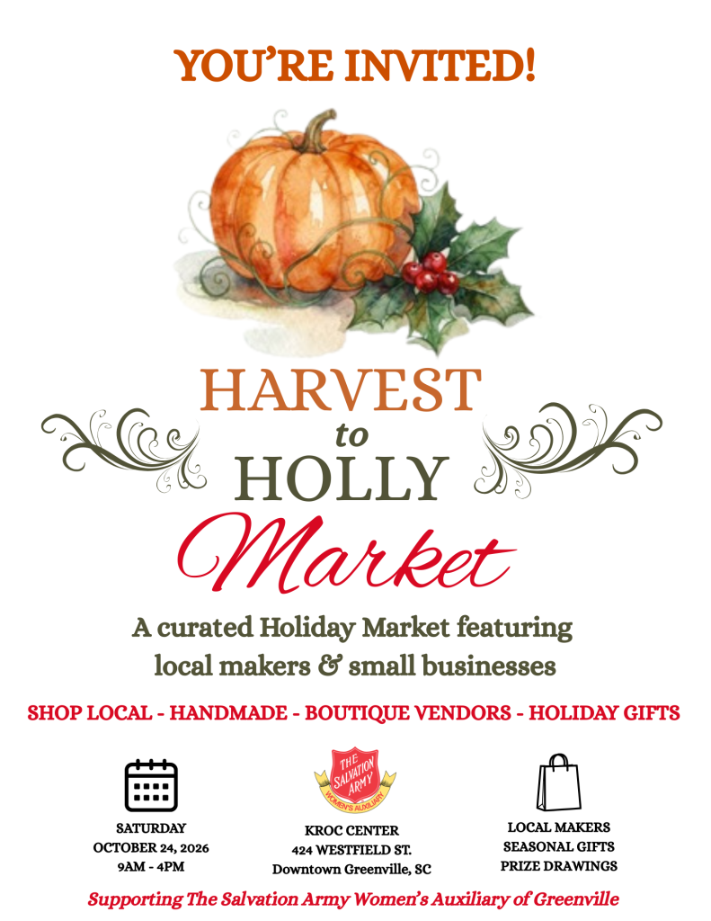 Invitation for Harvest to Holly Holiday Market with event details, festive pumpkin, and holiday decor.