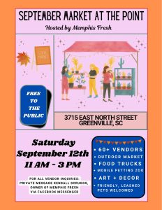Illustrated market scene with people, vendor booths, event details, and colorful text about a local September market.