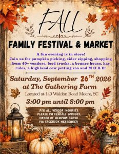 Fall festival flyer with autumn leaves, pumpkins, and event details including date, time, and location.