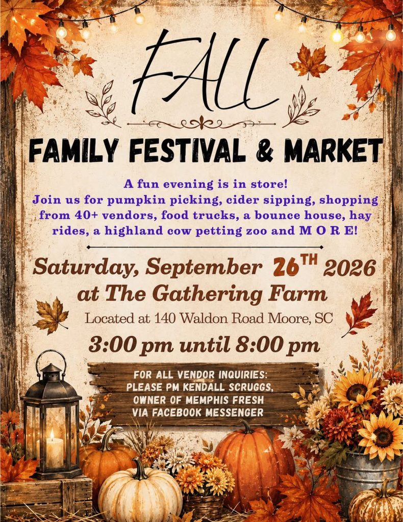 Fall festival flyer with autumn leaves, pumpkins, and event details including date, time, and location.