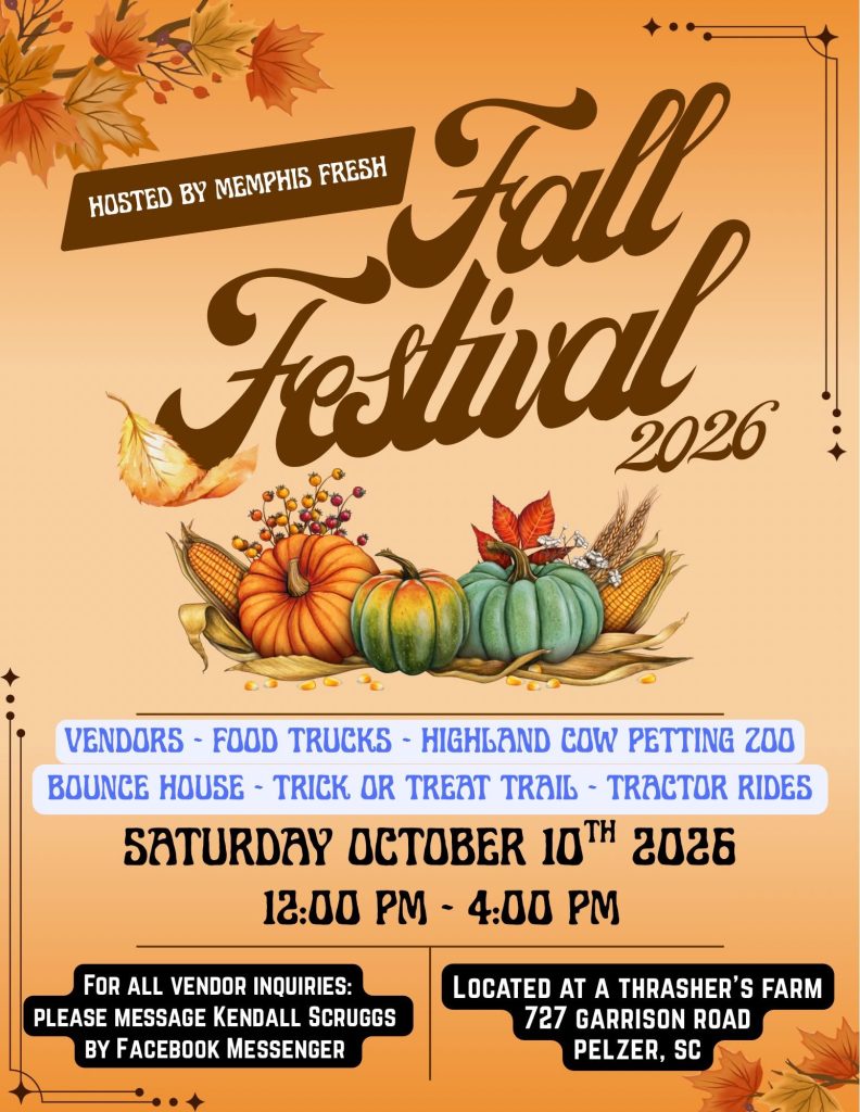 Fall Festival flyer with pumpkins, leaves, and event details in autumn colors, set for October 10, 2026.