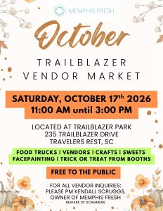October vendor market flyer with event details, autumn leaves, and festive design elements on a cream background.