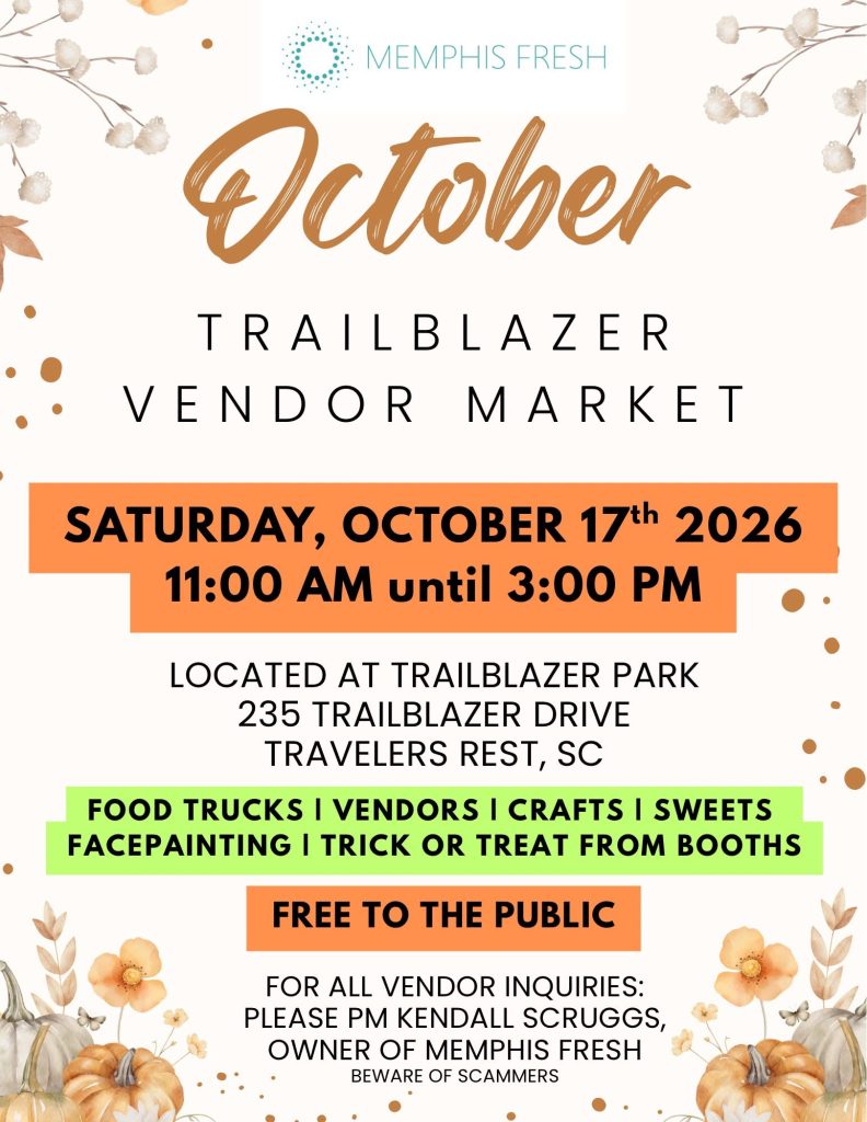 October vendor market flyer with event details, autumn leaves, and festive design elements on a cream background.