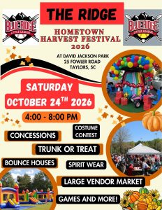 Colorful harvest festival flyer with event details, photos of bounce houses, balloons, vendors, and fall decorations.