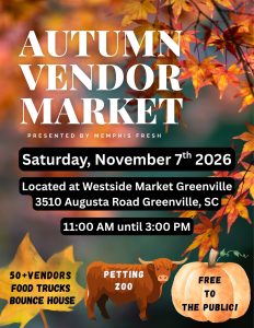 Autumn Vendor Market flyer with event details, fall leaves, pumpkins, and info on food trucks and petting zoo.