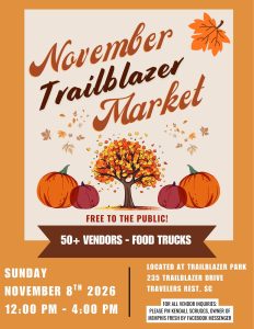 Fall market flyer with pumpkins, tree, event details, and vendor info for November 8, 2026.