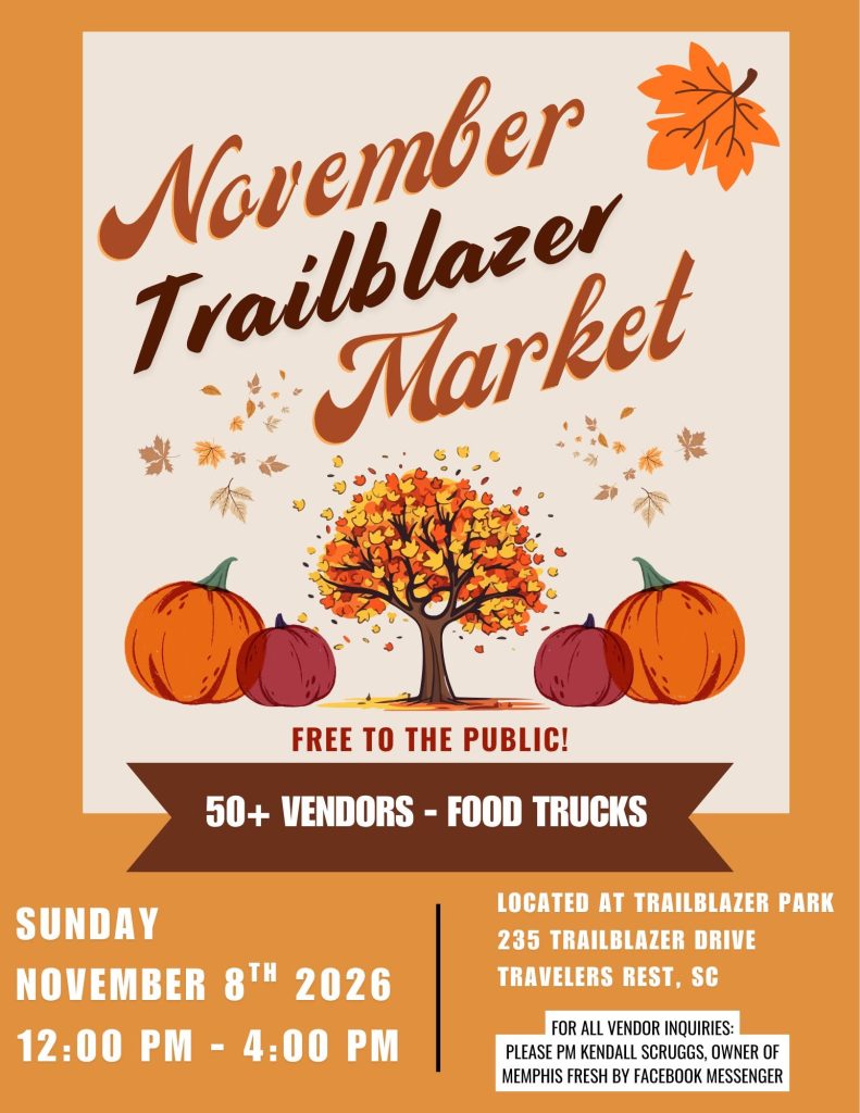 Fall market flyer with pumpkins, tree, event details, and vendor info for November 8, 2026.