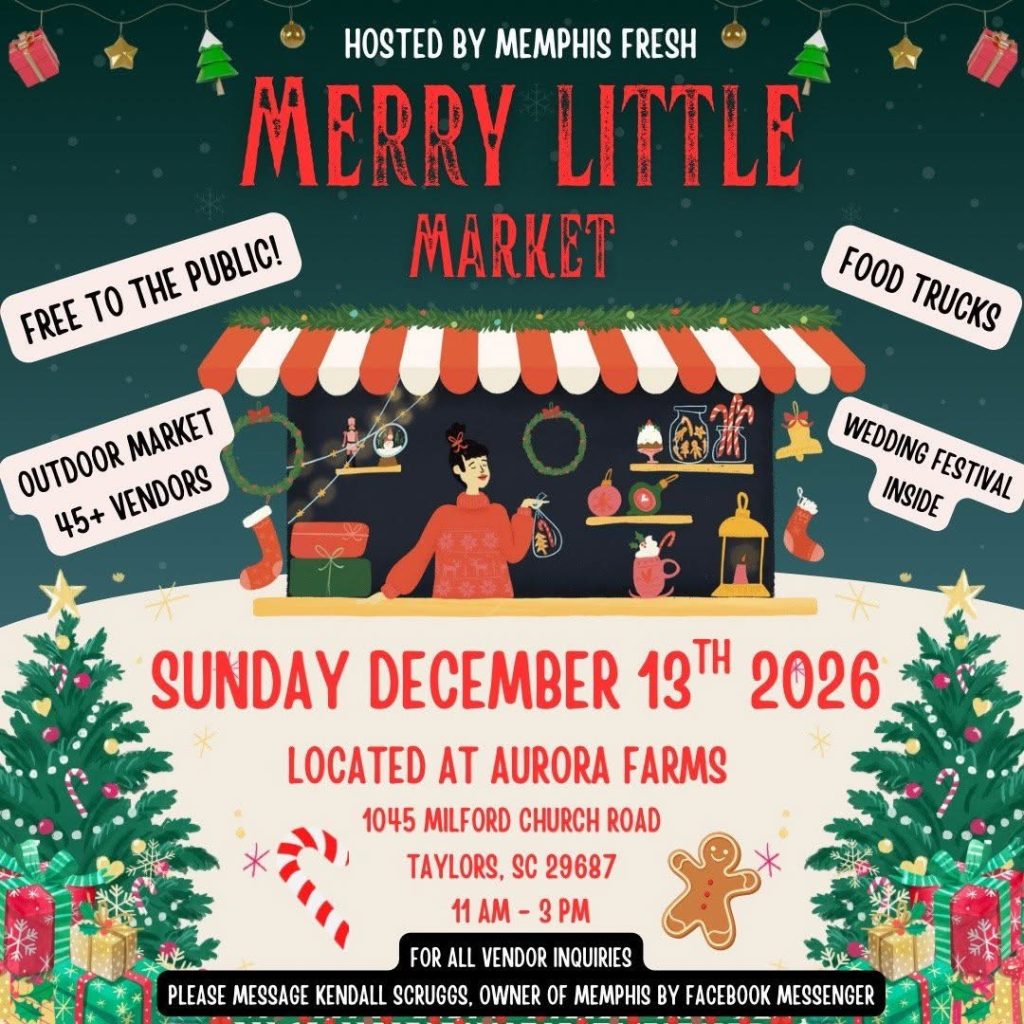 Festive market poster with a holiday stall, Christmas trees, and event details for Merry Little Market 2026.
