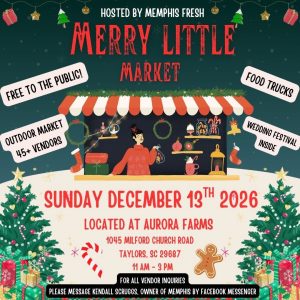 Festive market poster with a holiday stall, Christmas trees, and event details for Merry Little Market 2026.