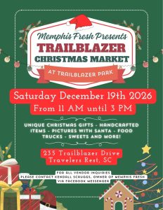 Christmas market flyer with event details, festive decorations, and images of gifts and Christmas trees.