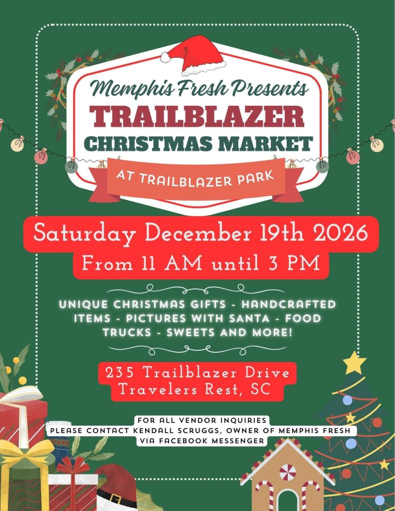 Christmas market flyer with event details, festive decorations, and images of gifts and Christmas trees.