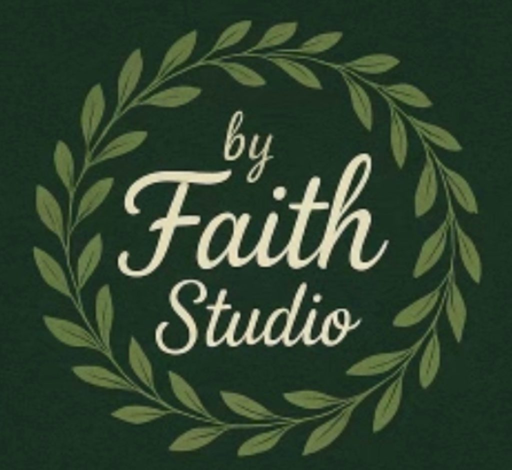 Green background with a leafy wreath framing the text “by Faith Studio” in elegant, cream-colored script.