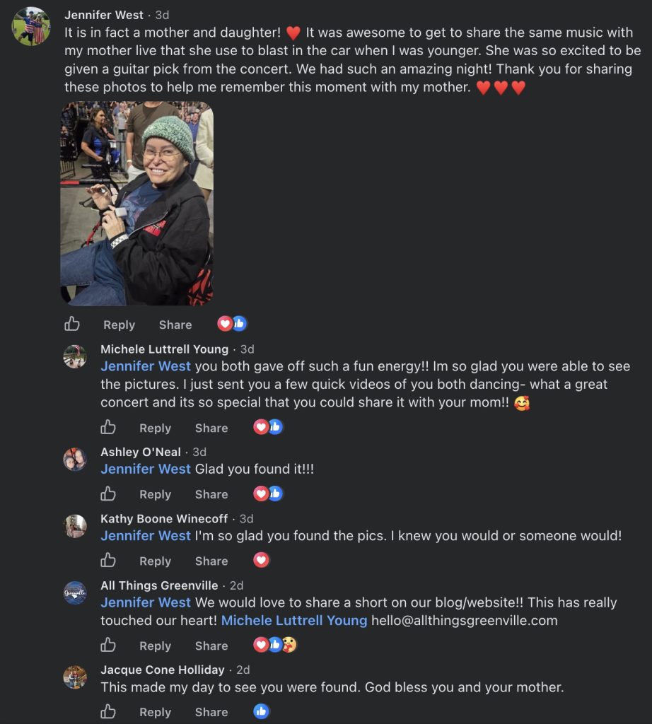 Screenshot of a Facebook comment thread about sharing music and photos with a mother, with several replies.
