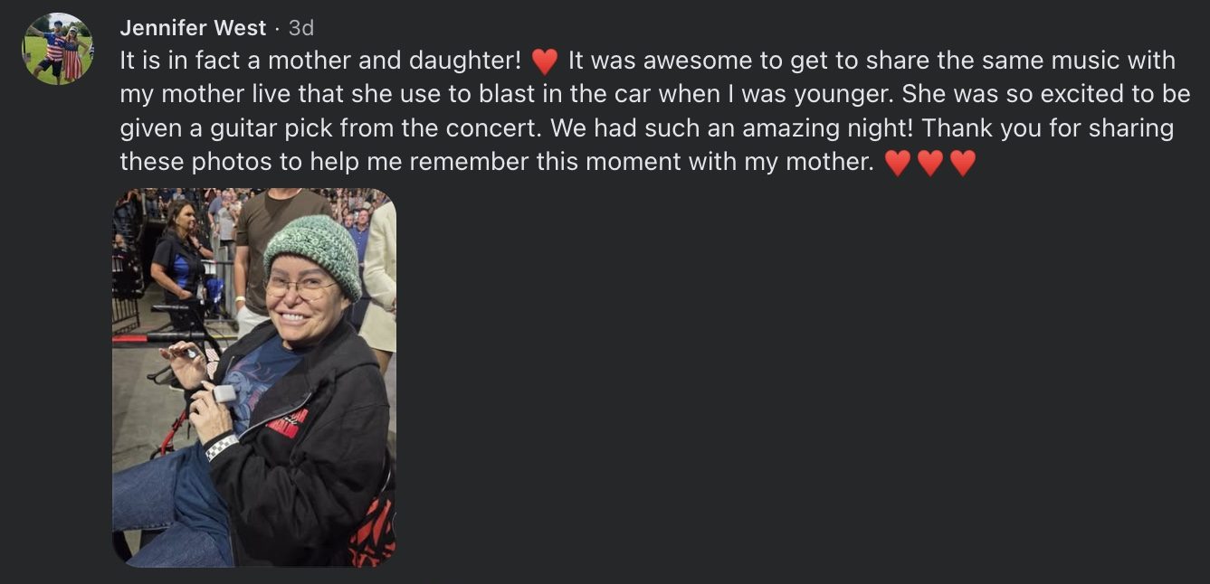 Screenshot of a Facebook comment thread about sharing music and photos with a mother, with several replies.