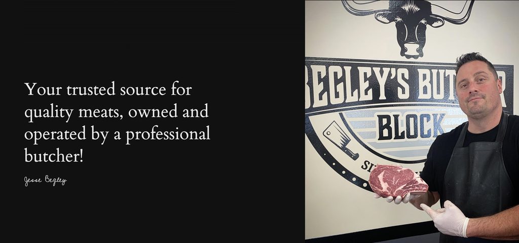 Man holding a raw steak in front of a butcher shop sign; text promotes quality meats and professional service.